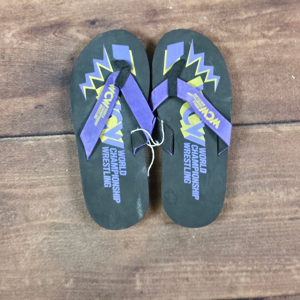 WCW Flip Flops Mens OS Black Good Vintage World Championship Wrestling Logo